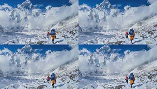 4K团队攀登勇往直前徒步梦想登顶雪山高清在线视频素材下载