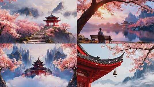 唯美意境古风国风山水背景花瓣飘落背景高清在线视频素材下载