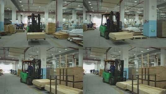 仓库叉车工人搬运木板场景高清在线视频素材下载