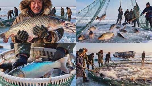 查干湖冬季捕捞头鱼湖面捕捞高清在线视频素材下载