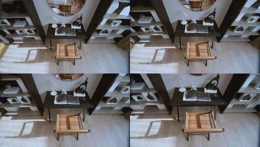 室内设计简约书房一角，书桌与小凳高清在线视频素材下载