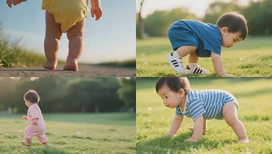 宝宝草地玩耍成长记萌娃探索世界蹒跚学步高清在线视频素材下载