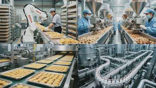 工厂工人操作坚果食品加工生产流水线高清在线视频素材下载