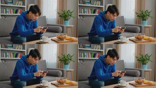 男子沙发上专注玩手机高清在线视频素材下载