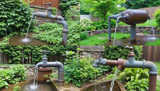 户外水龙头流水绿植环绕高清在线视频素材下载