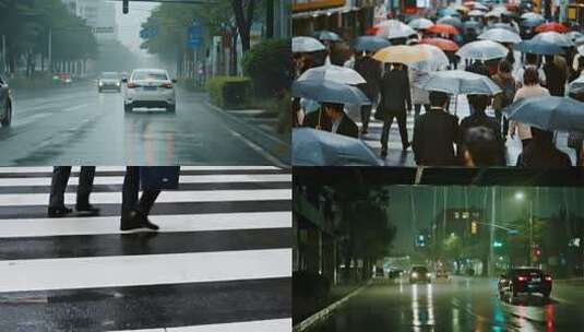 下雨城市行人暴雨大雨雨夜雨景ai素材原创高清在线视频素材下载
