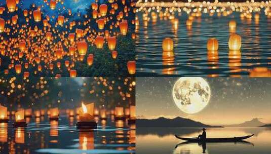 中秋孔明灯祈福 孔明灯放飞唯美夜景高清在线视频素材下载