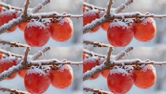 枝头覆雪的红柿子特写高清在线视频素材下载