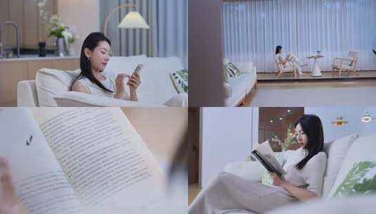 美女居家休闲惬意生活刷手机看书高清在线视频素材下载