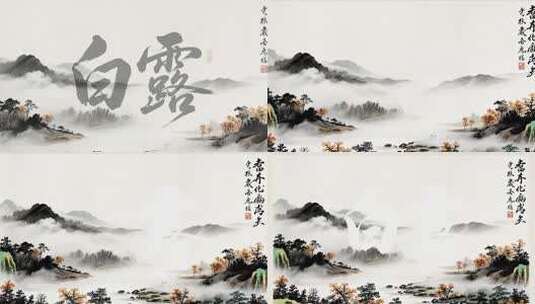 白露节气的水墨风书法字体与远山视频背景高清在线视频素材下载