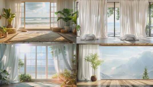 室内落地窗白色窗帘与抱枕高清在线视频素材下载