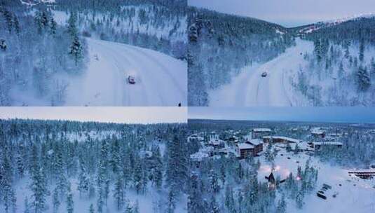 北欧芬兰冬季欧洲雪景看极光罗瓦涅米航拍高清在线视频素材下载
