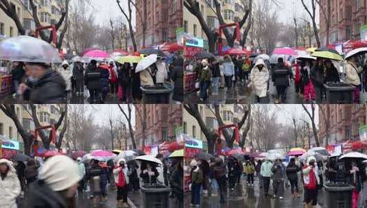4K雨中市场街道热闹人潮拥挤景象高清在线视频素材下载