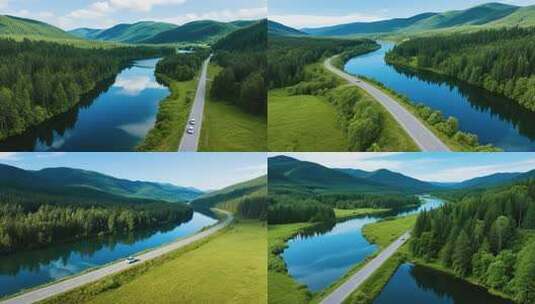 山林间公路湖泊航拍全景高清在线视频素材下载