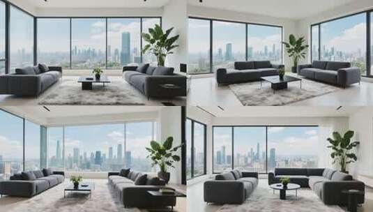 现代风格客厅大窗城市景观高清在线视频素材下载