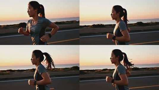 女孩海边跑步健康生活方式视频高清在线视频素材下载