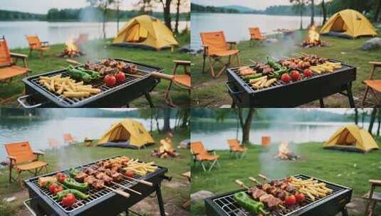 户外露营湖边烧烤素材高清在线视频素材下载