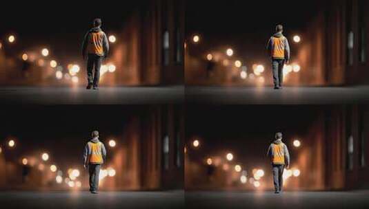 夜幕下身穿反光衣的市政人员孤独前行高清在线视频素材下载