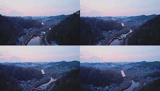 4K湘西风光古城全景风光晚霞航拍视频高清在线视频素材下载