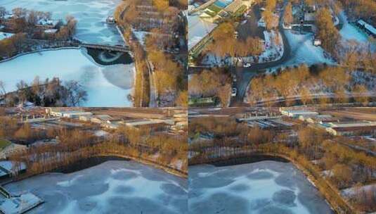 4K长春关东文化园冬季雪景冰封的湖面航拍视频高清在线视频素材下载