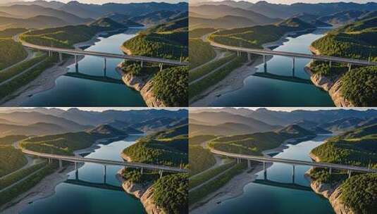 城市桥梁河流山脉白天现代都市风景航拍高清在线视频素材下载