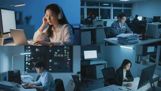 白领熬夜加班深夜办公室加班工作职场人士高清在线视频素材下载
