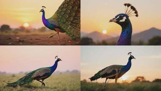 绚丽日落中的孔雀展翅慢镜头高清在线视频素材下载