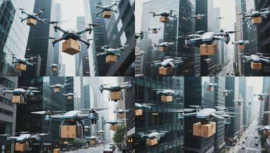 城市上空无人机运送货物高清在线视频素材下载