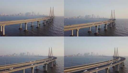 航拍印度孟买跨海大桥与城市天际线风光高清在线视频素材下载