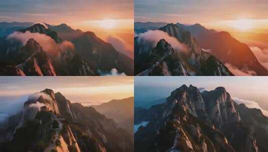 华山群山日落云雾环绕景观高清在线视频素材下载