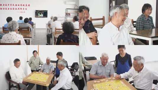 4K农村老年活动室里老人看电视下棋高清在线视频素材下载