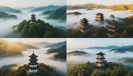 云雾环绕古风楼阁的山间美景高清在线视频素材下载