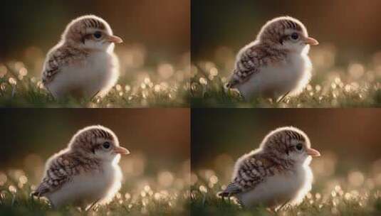 草地上毛茸茸的小鸟沐浴在金色阳光下高清在线视频素材下载