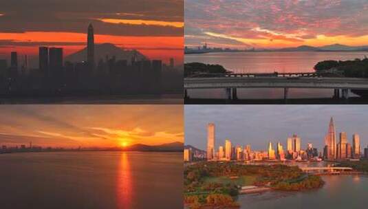 航拍日出时分深圳湾城市景观高清在线视频素材下载