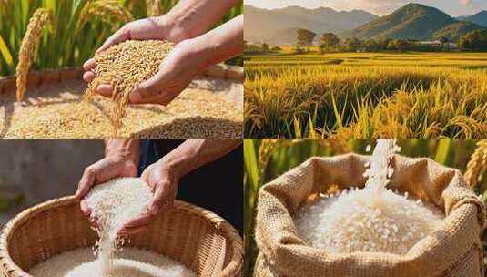 水稻稻谷大米米饭农业粮食丰收稻田乡村振兴高清在线视频素材下载