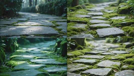 石板路青苔苔藓石板路幽静小径青苔石阶自然高清在线视频素材下载