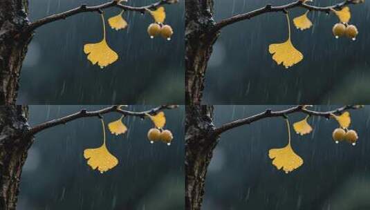 立秋雨中银杏叶唯美秋景意境视频高清在线视频素材下载