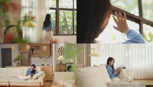 女子窗边伸手触摸阳光画面高清在线视频素材下载