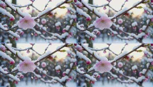 枝头覆雪的绽放粉色花朵高清在线视频素材下载