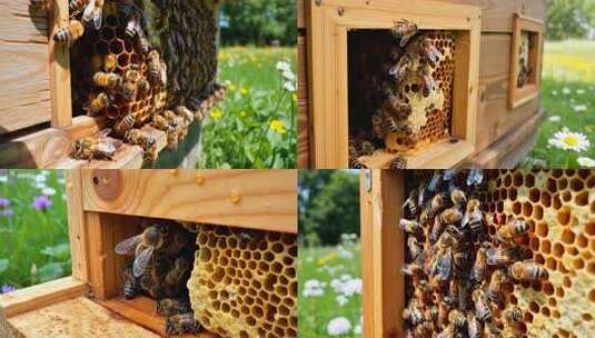 蜂巢上忙碌的蜜蜂特写高清在线视频素材下载