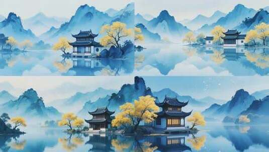 中式山水楼阁风景画面高清在线视频素材下载