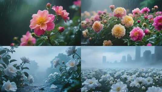 雨中花朵雨后花园鲜花盛开娇艳欲滴各色花朵高清在线视频素材下载