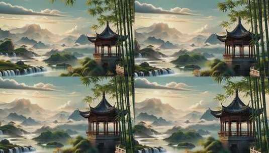 中式山水风景中的古风亭高清在线视频素材下载