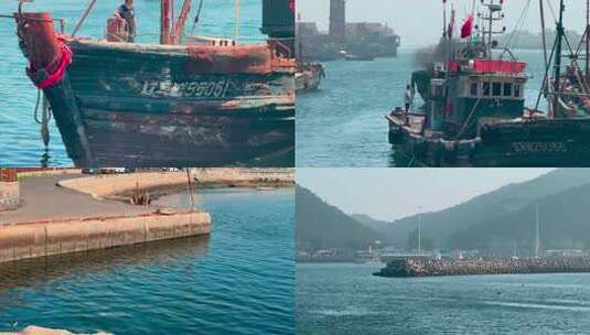 大连渔人码头海鸥成群，渔船出海，防波堤高清在线视频素材下载