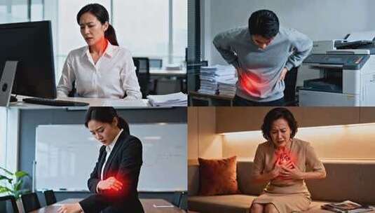 职场人士颈肩腰腿心脏痛 职业病 工作压力高清在线视频素材下载