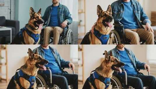 坐轮椅男子与宠物犬室内场景高清在线视频素材下载