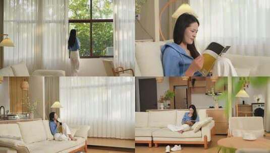 美女打开窗帘呼吸新鲜空气看窗外高清在线视频素材下载