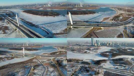 4K长春河流通辽冬天冰冻的河流航拍视频高清在线视频素材下载