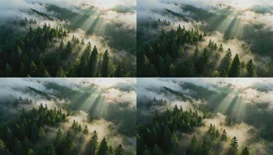 航拍森林云雾阳光丁达尔光线唯美视频高清在线视频素材下载