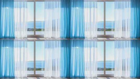 室内蓝色窗帘外海景风光高清在线视频素材下载